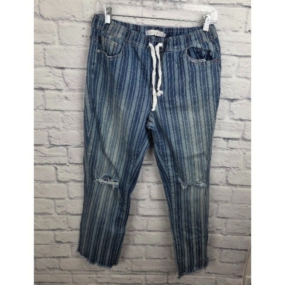 Billy T Women's Striped Jeans Size M Cropped Frayed Hem Distressed Drawstring